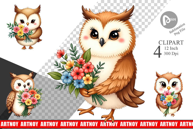 Owl Spring Bouquet Clipart Sublimation artnoy 
