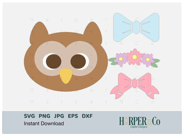 Owl with Bows and Flowers SVG PNG Cut EPS File SVG HarperNCo 