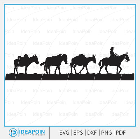 Pack String svg,cowboys and two pack mules, Mule string svg, Pack String Mules Vector, a cowboy riding a horse, Pack Mule svg, Pack Mule SVG Dinvect 