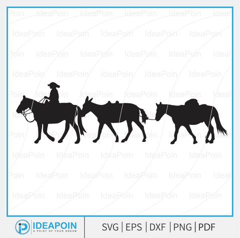 Pack String svg,cowboys and two pack mules, Mule string svg, Pack String Mules Vector, a cowboy riding a horse, Pack Mule svg, Pack Mule SVG Dinvect 
