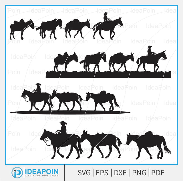 Pack String svg,cowboys and two pack mules, Mule string svg, Pack String Mules Vector, a cowboy riding a horse, Pack Mule svg, Pack Mule SVG Dinvect 
