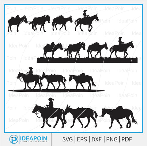 Pack String svg,cowboys and two pack mules, Mule string svg, Pack String Mules Vector, a cowboy riding a horse, Pack Mule svg, Pack Mule SVG Dinvect 