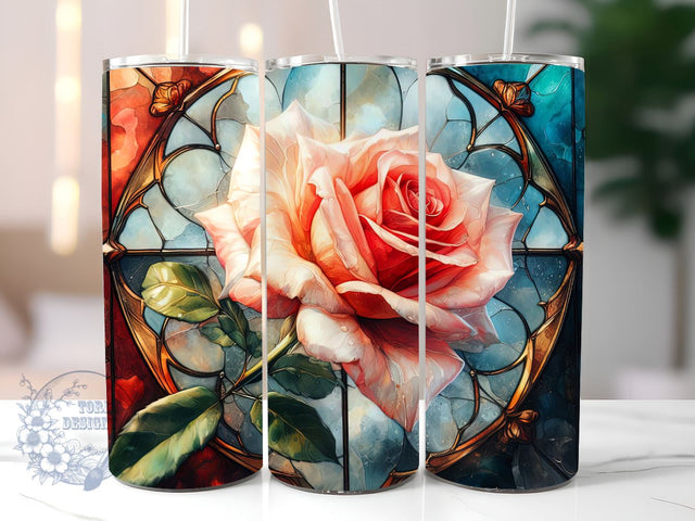 Painting Of A Rose In A Stained Glass Window, Rose Stained Glass Sublimation Design, Stained Glass Tumbler PNG Sublimation ToriDesigns 