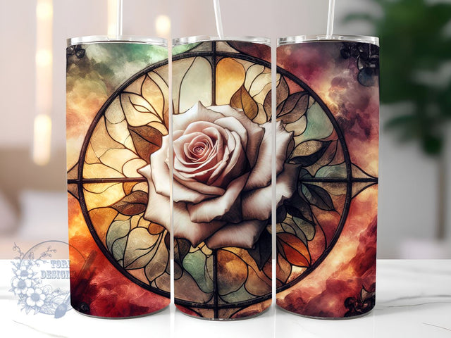 Painting Of A Rose In A Stained Glass Window, Rose Stained Glass Sublimation Design, Stained Glass Tumbler PNG Sublimation ToriDesigns 