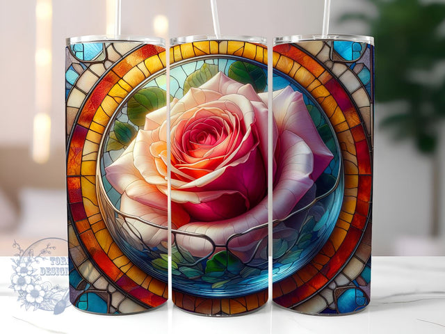Painting Of A Rose In A Stained Glass Window, Rose Stained Glass Sublimation Design, Stained Glass Tumbler PNG Sublimation ToriDesigns 