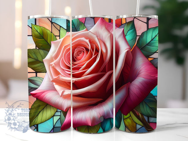 Painting Of A Rose In A Stained Glass Window, Rose Stained Glass Sublimation Design, Stained Glass Tumbler PNG Sublimation ToriDesigns 