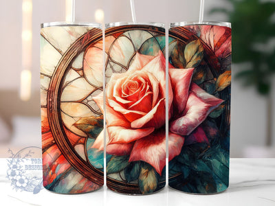 Painting Of A Rose In A Stained Glass Window, Rose Stained Glass Sublimation Design, Stained Glass Tumbler PNG Sublimation ToriDesigns 