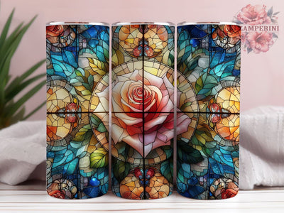 Painting Of A Rose In A Stained Glass Window, Rose Tumbler Wrap, Stained Glass Sublimation, Instant Digital Download PNG, Straight & Tapered Tumbler Wrap PNG Sublimation Li Zamperini 