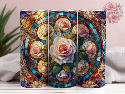 Painting Of A Rose In A Stained Glass Window, Rose Tumbler Wrap, Stained Glass Sublimation, Instant Digital Download PNG, Straight & Tapered Tumbler Wrap PNG Sublimation Li Zamperini 