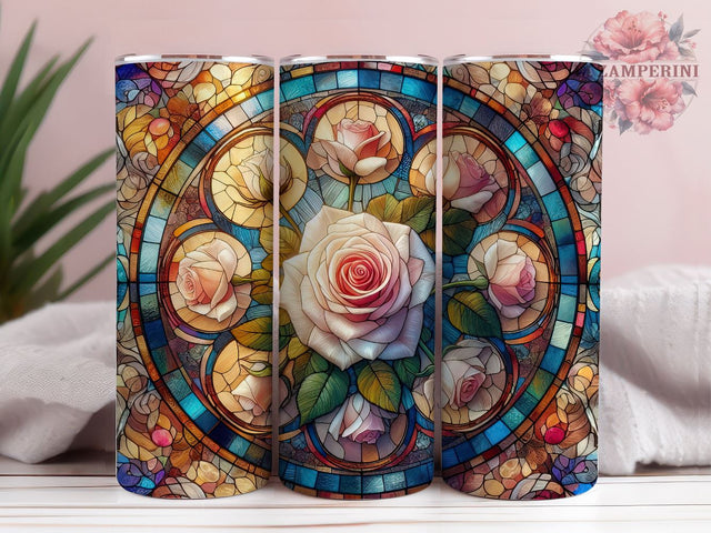 Painting Of A Rose In A Stained Glass Window, Rose Tumbler Wrap, Stained Glass Sublimation, Instant Digital Download PNG, Straight & Tapered Tumbler Wrap PNG Sublimation Li Zamperini 