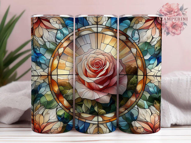Painting Of A Rose In A Stained Glass Window, Rose Tumbler Wrap, Stained Glass Sublimation, Instant Digital Download PNG, Straight & Tapered Tumbler Wrap PNG Sublimation Li Zamperini 