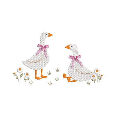 Pair of Geese with Pink Bows and Daisies Machine Embroidery Design, 4 sizes, Instant Download Embroidery/Applique DESIGNS Nino Nadaraia 