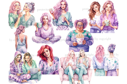 Pajama Party Girls Clipart | Lazy Day Clipart SVG GlamArtZhanna 