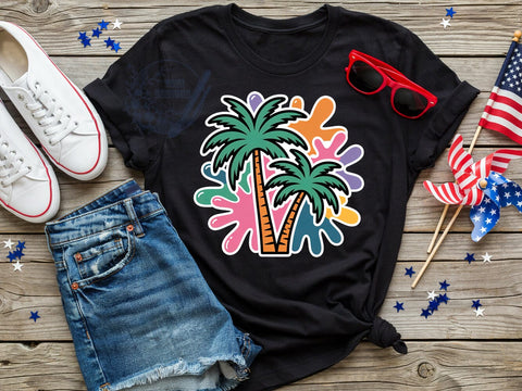 Palm Trees Tropical T-Shirt PNG, Green Fronds, Silhouetted Trunks, Abstract Splashes, Tropical Vibe, Skinny Tumbler, Sublimation PNG Sublimation ToriDesigns 