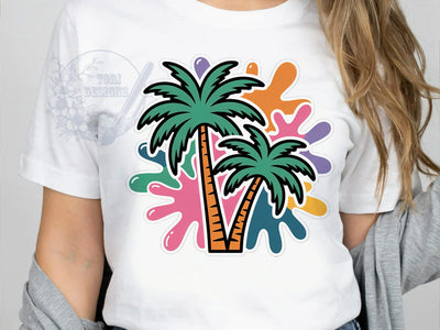 Palm Trees Tropical T-Shirt PNG, Green Fronds, Silhouetted Trunks, Abstract Splashes, Tropical Vibe, Skinny Tumbler, Sublimation PNG Sublimation ToriDesigns 