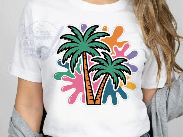 Palm Trees Tropical T-Shirt PNG, Green Fronds, Silhouetted Trunks, Abstract Splashes, Tropical Vibe, Skinny Tumbler, Sublimation PNG Sublimation ToriDesigns 