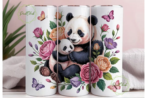 Panda and Baby Floral 20oz Tumbler Wrap Sublimation PixelChick 