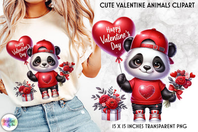 Panda Bear with Red Roses and Balloon, Valentines Clipart Sublimation Designs by Ira 
