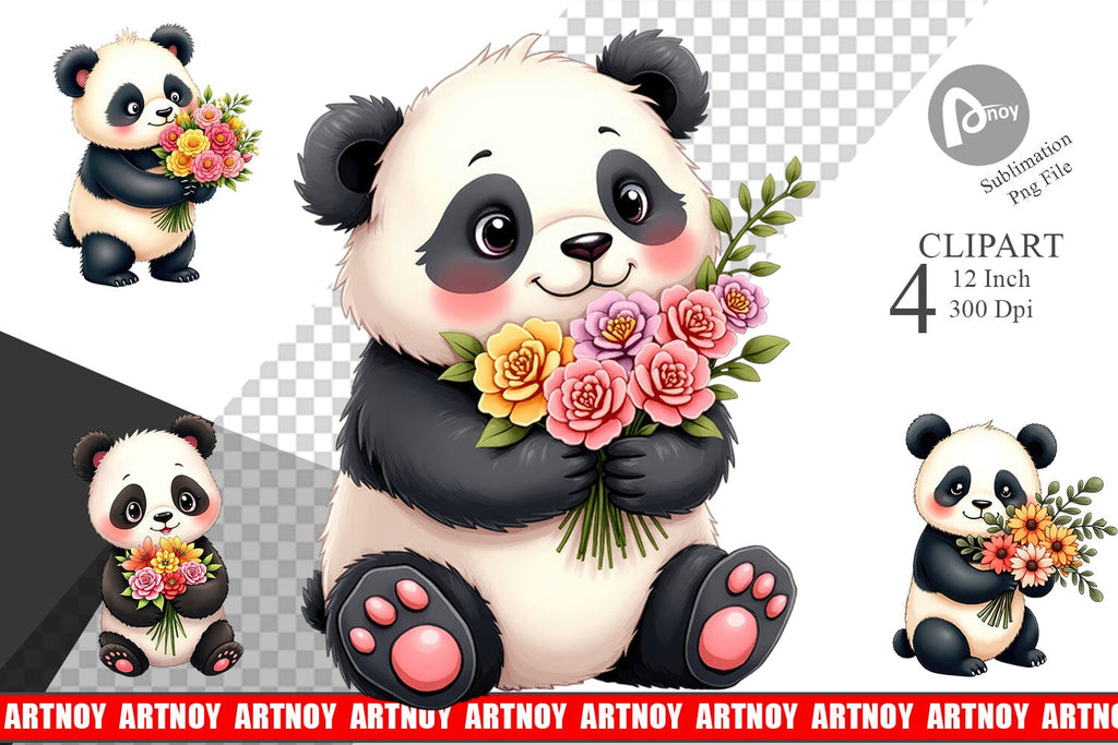 Panda Spring Bouquet Clipart - So Fontsy