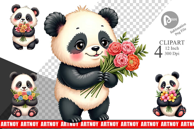 Panda Spring Bouquet Clipart Sublimation artnoy 