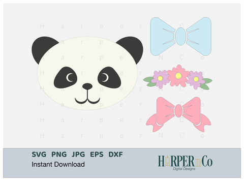 Panda with Bows and Flowers SVG PNG Cut EPS File SVG HarperNCo 