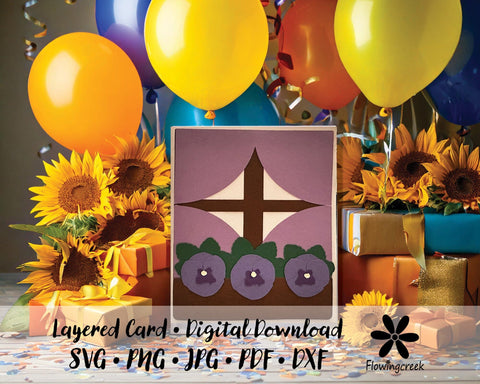 Pansy Flower Window Box 3D Layered Greeting Card SVG Cut File for All Occasions, Birthday, Thank You, or Note Card 3D Paper Flowingcreek 