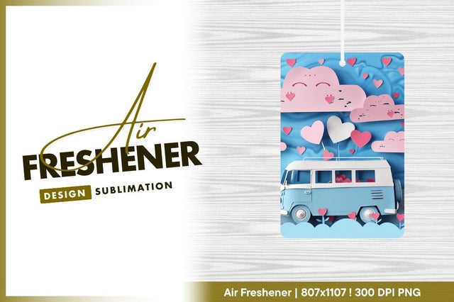 Paper Cutout Blue Van with Pink Clouds and Heart Decorations on Blue Background Sublimation Regulrcrative 
