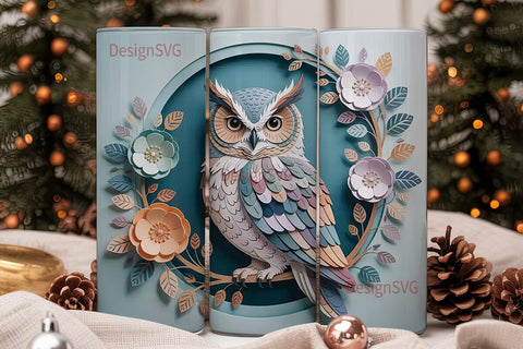 Papercut Owl & Flowers 20oz Tumbler Wrap Sublimation DesignSVG 