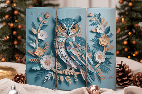 Papercut Owl & Flowers 20oz Tumbler Wrap Sublimation DesignSVG 