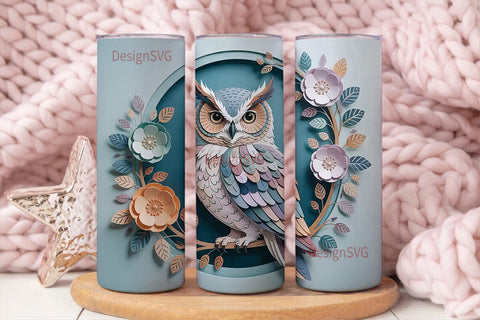 Papercut Owl & Flowers 20oz Tumbler Wrap Sublimation DesignSVG 