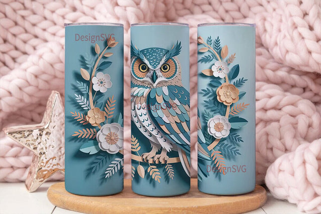Papercut Owl & Flowers 20oz Tumbler Wrap Sublimation DesignSVG 