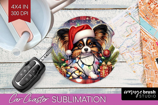 Papillon Funny Christmas Dog Car Coaster Sublimation OrangeBrushStudio 