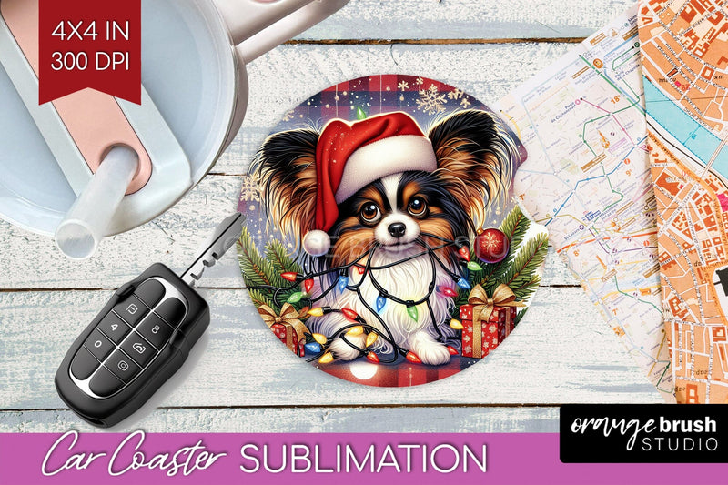 Papillon Funny Christmas Dog Car Coaster Sublimation OrangeBrushStudio 