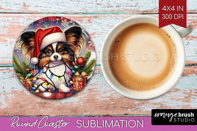 Papillon Funny Christmas Dog Round Coaster Sublimation OrangeBrushStudio 