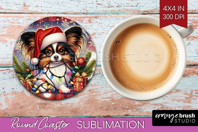 Papillon Funny Christmas Dog Round Coaster Sublimation OrangeBrushStudio 