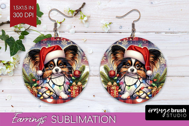 Papillon Funny Christmas Dog Round Earrings Sublimation OrangeBrushStudio 