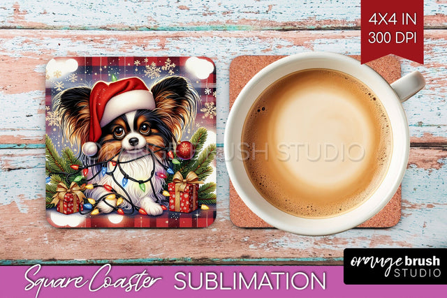 Papillon Funny Christmas Dog Square Coaster Sublimation OrangeBrushStudio 