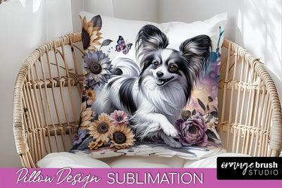 Papillon Pillow Cover - Dog Mom Floral Pillow Sublimation Sublimation OrangeBrushStudio 