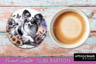 Papillon Round Coaster - Dog Mom Floral Coaster Sublimation Sublimation OrangeBrushStudio 