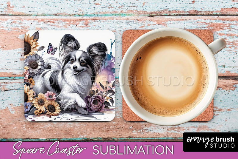 Papillon Square Coaster - Dog Mom Floral Coaster Sublimation Sublimation OrangeBrushStudio 