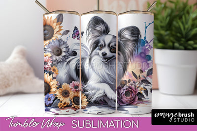 Papillon Tumbler Wrap - Dog Mom Floral Tumbler Sublimation Sublimation OrangeBrushStudio 
