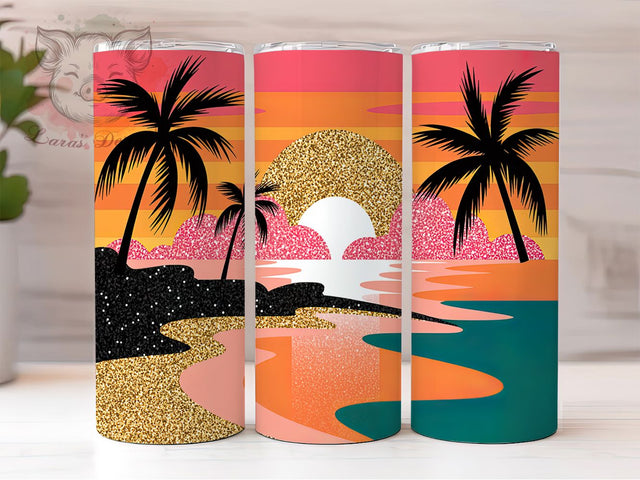 Paradise Glow Tropical Glitter Tumbler, Palm Beach Design, Sparkly Summer Gift, Paradise Theme Cup, Beach Sunset Present, Coastal Shine Gift, Sublimation Template Sublimation Lara' s Designs 