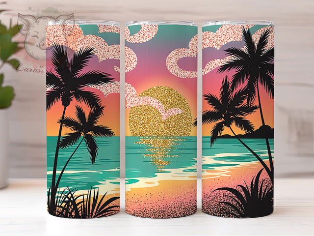 Paradise Glow Tropical Glitter Tumbler, Palm Beach Design, Sparkly Summer Gift, Paradise Theme Cup, Beach Sunset Present, Coastal Shine Gift, Sublimation Template Sublimation Lara' s Designs 