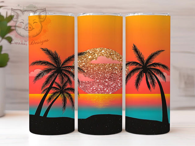 Paradise Glow Tropical Glitter Tumbler, Palm Beach Design, Sparkly Summer Gift, Paradise Theme Cup, Beach Sunset Present, Coastal Shine Gift, Sublimation Template Sublimation Lara' s Designs 