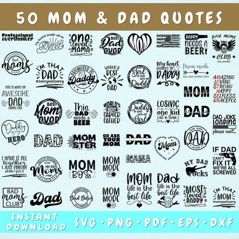 Parents SVG Bundle, 50 Designs, Mom And Dad Quotes SVG, Mom And Dad Sayings SVG Cut Files, Parent Life Designs SVG HappyDesignStudio 