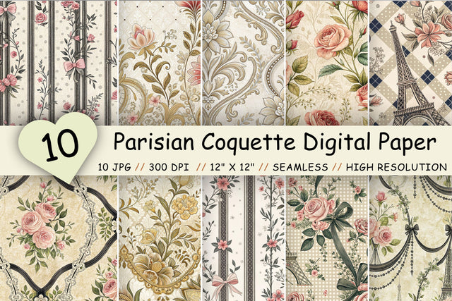 Parisian Coquette Digital Paper Pack, French Floral & Ribbon Seamless Patterns, Wedding & Printable Crafts Digital Pattern FloridPrintables 
