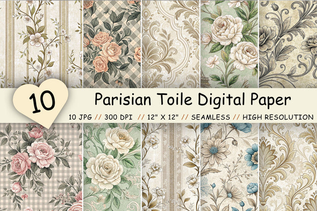 Parisian Toile Digital Paper Pack, French Vintage Floral Seamless Patterns, Scrapbooking & Printable Crafts Digital Pattern FloridPrintables 