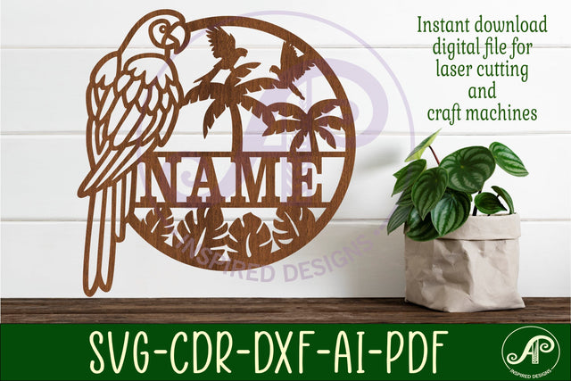 Parrot tropical theme name sign svg laser cut template SVG APInspireddesigns 