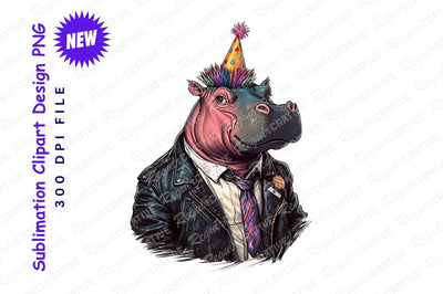 Party hippo wearing leather jacket clipart png Sublimation Regulrcrative 