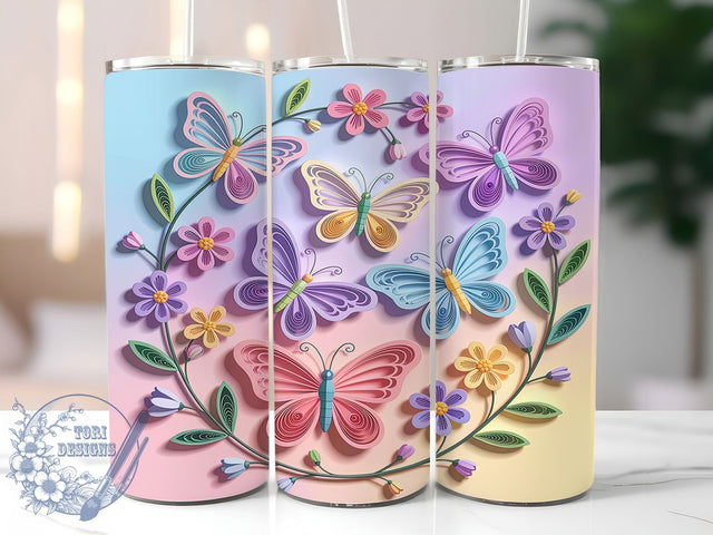 Pastel 3D Butterfly Tumbler Wrap, 3D Floral Butterfly, Spring Pastel Design, Butterflies And Flowers, Soft Color Wrap, 20oz Tumbler Template, Delicate Garden Sublimation Sublimation ToriDesigns 